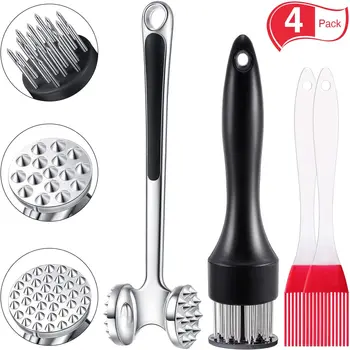 

Meat Tenderizer Kit Dual-Sided Meat Mallet Stainless Steel Meat Hammer, Needle and 2 Pieces Silicone Brush for Cooking,bbq