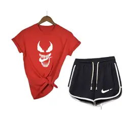 Комплект из двух предметов; летняя хлопковая Футболка с принтом; женский костюм; шорты; модный топ + шорты S-2XL
