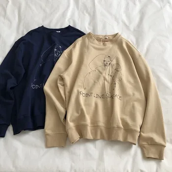 

Sketch Illustration Spring Autumn Simple Artistic Korean Loose Slimming Pullover Casual Long-Sleeved Sweatshirt Women's Jacket