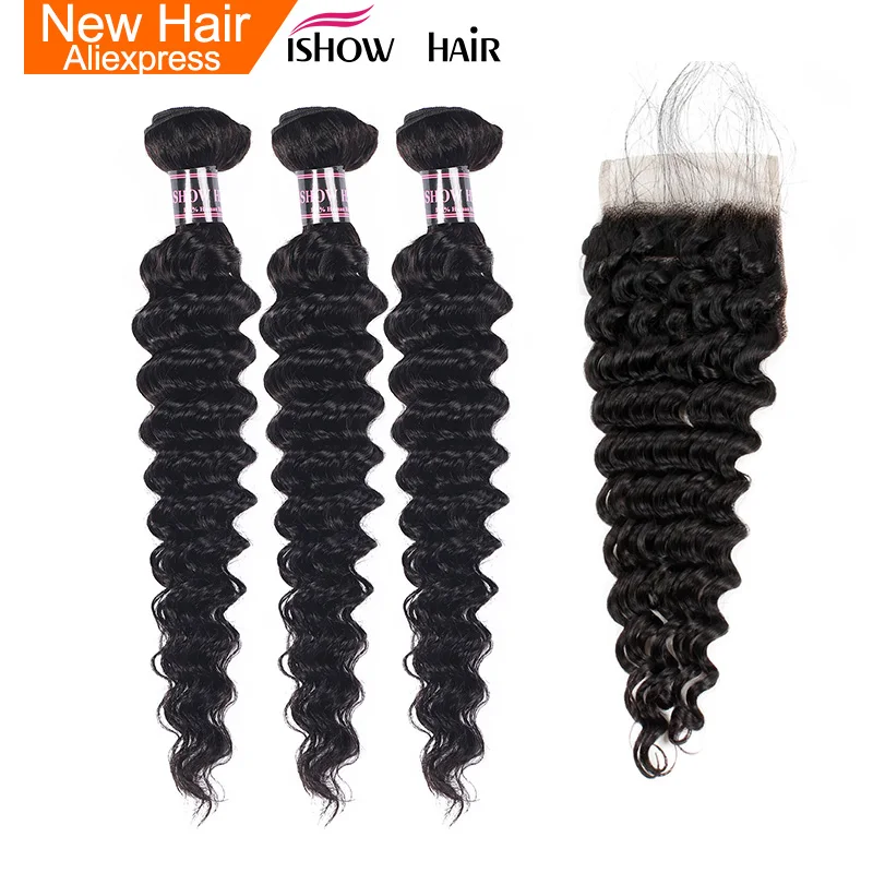 

Ishow Deep Wave Bundles With Closure Non Remy Hair Free Part Lace Closure With 3 Bundles Indian Human Hair Bundles With Closure