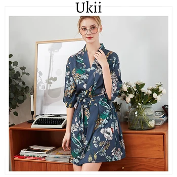 

Ukii Silk Robes For Women Thin Floral Print Bathrobe Women Mini Spring Sleepwear Silk Robe Sexy Bathrobe Short Sleeve Sleepwear