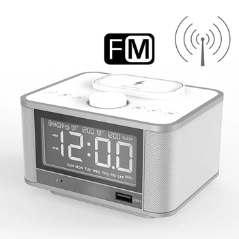 

Digital Alarm Clock Speaker with Fast Wireless Charger FM Radio for Bedroom Bluetooth Speakers Dual Alarms