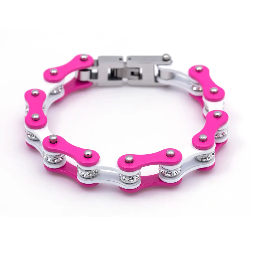Панк розовый белый Байкерская цепочка звено браслет для женщин из нержавеющей стали мотоцикл цепь 316L браслет ювелирные изделия подарок для женщин оптом