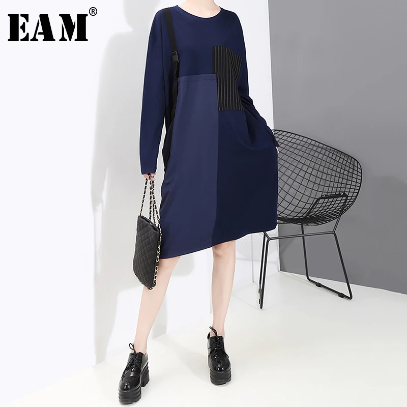 

[EAM] Women Solid Causal Spliced Dress New Round Neck Long Sleeve Loose Fit Fashion Tide All-match Spring Autumn 2019 1A885