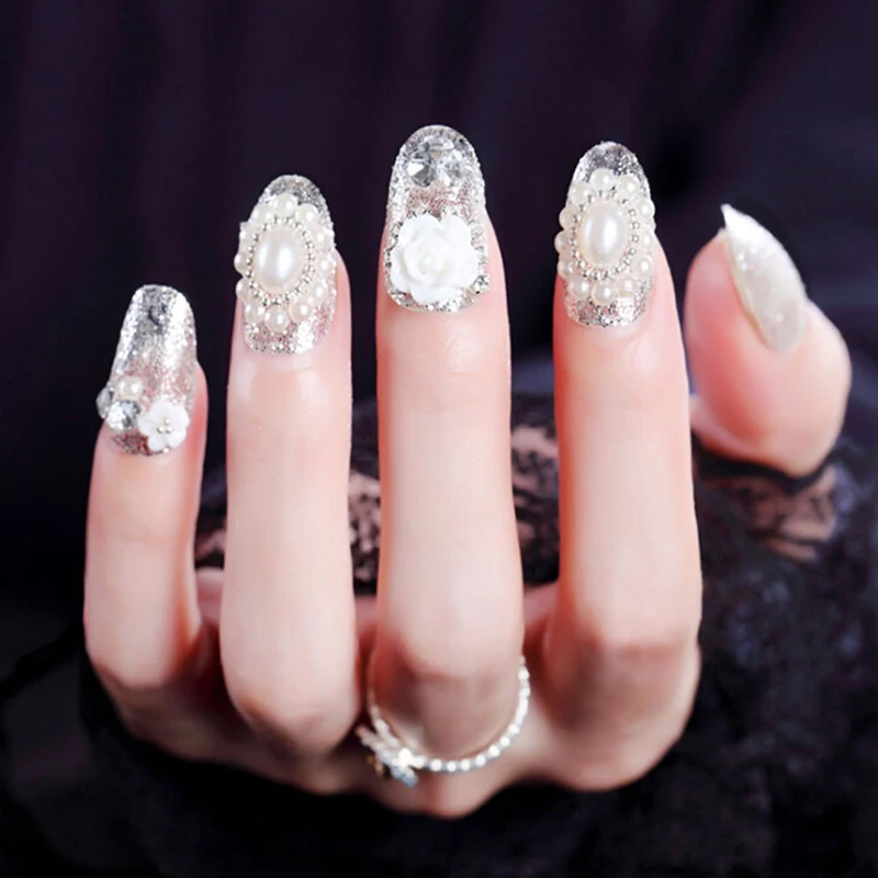 24 Pcs Simulation Pearl Shining Rhinestone False Nails Flower Printing Finish Fake Nail Fashion Girls Artificial Nails