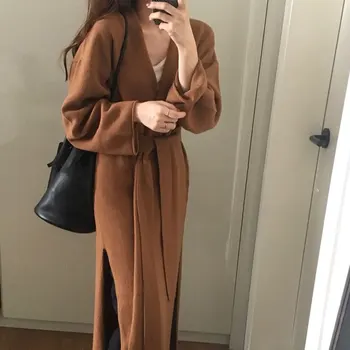 

Women Loose Long Knitted Cardigan Sweater 2020 Winter Solid Color Kimono Split Overcoat Warm Soft Sweater With Belt Outwear