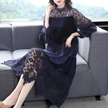 

Europe New Arrival 2020 Women's Spring High Fashion Stand Collar Hollow Out Sexy Lace Patchwork Dress Ladies Elegant Hot Dress