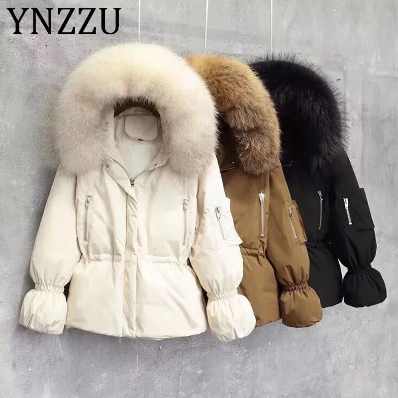 

YNZZU 2019 New Winter Real Fur Collar White Duck Down Jacket Coat Women Hooded Waterproof Thicken Warm Parkas Outerwear A1155