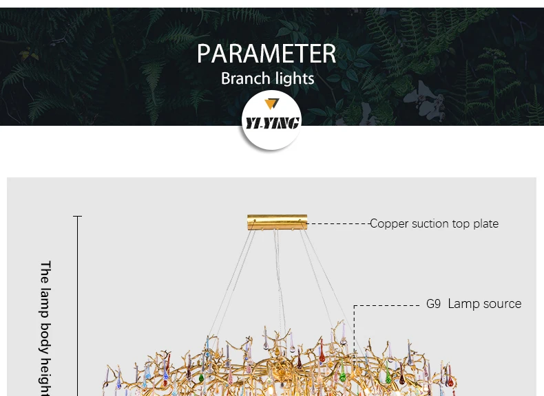 New light luxury French color water drop chandelier American villa creative post-modern all copper branch living room lamp