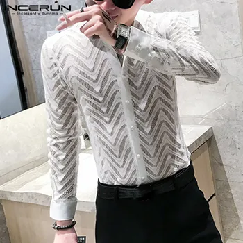 

INCERUN Fashion Men Long Sleeve Lace Shirt See Through Button Party Nightclub Mesh Shirts Men Breathable Sexy Blouse Camisa 5XL