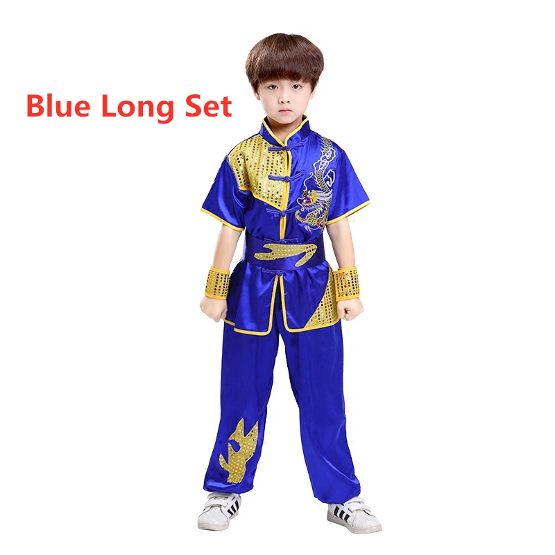 Детский комплект одежды в традиционном китайском стиле с вышитым драконом из блесток, длинная и короткая форма для выступлений в стиле тай-чи кунг-фу - Цвет: Blue Long Set