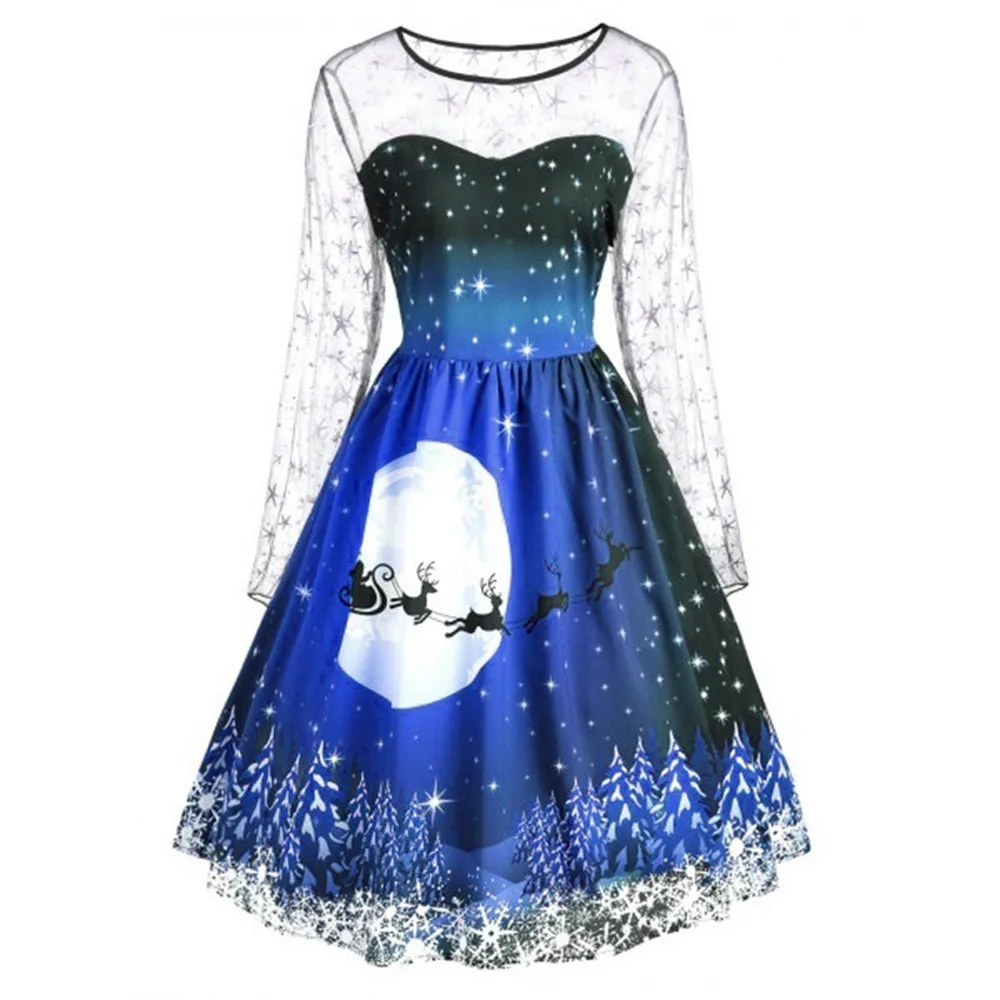 Рождественское платье кружевное Сетчатое Новогоднее вечернее платье костюм винтажные вечерние платья Элегантное женское зимнее платье размера плюс большие 19Sep - Цвет: Blue