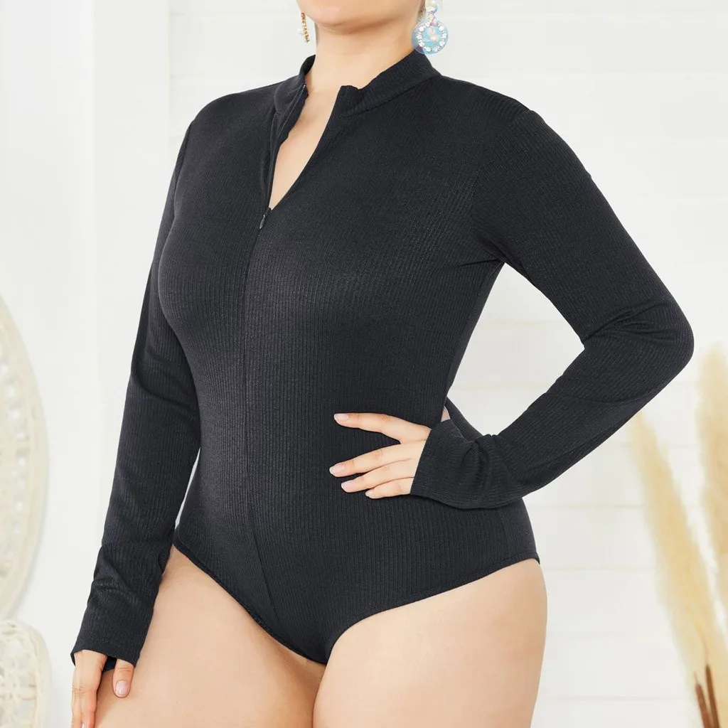 Новые модные женские боди больших размеров 5XL, однотонные топы на молнии с длинными рукавами, пальто, боди, бесшовное мягкое тело медвежонка, чулки