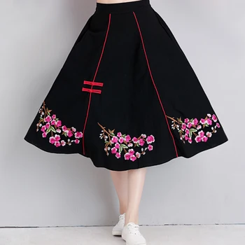 

KYQIAO vintage skirts womens autumn spring Chinese style long elegant ethnic embroidery frog midi skirt ropa mujer