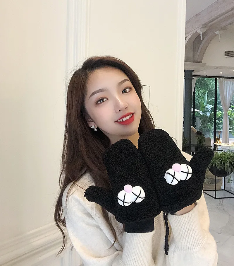 Женские зимние весенние теплые кавайные перчатки с длинными пальцами Kawaii Лоскутные Мультяшные глаза милые дамские девушки одноцветные уличные Faxu меховые перчатки