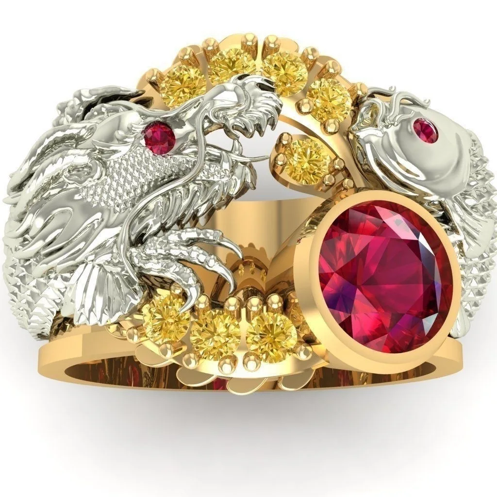 Personalità Prepotente Color Oro Hollow Double Dragon Red Gem Ring Moto Party Punk Dragon Ring Men Ring Gioielli Hip Hop