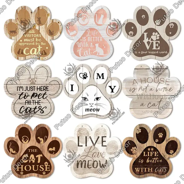 Putuo Decor Cat Sign Paw Shaped Wood Sign Rustic Wood Hanging Plaque Lovely Plate for Home Decoration Cat House Gift Wall Decor 3