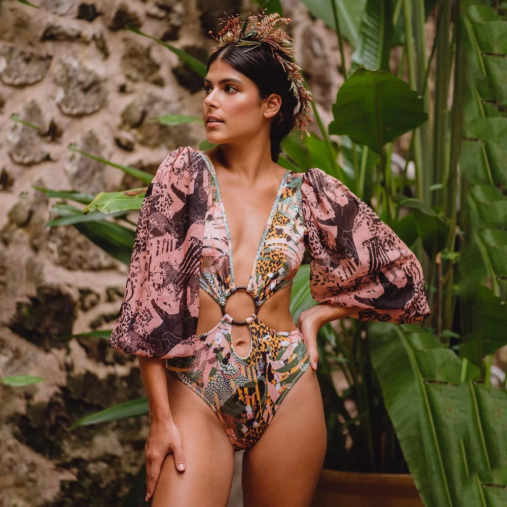 Women Retro Print Long Sleeve Swimsuit