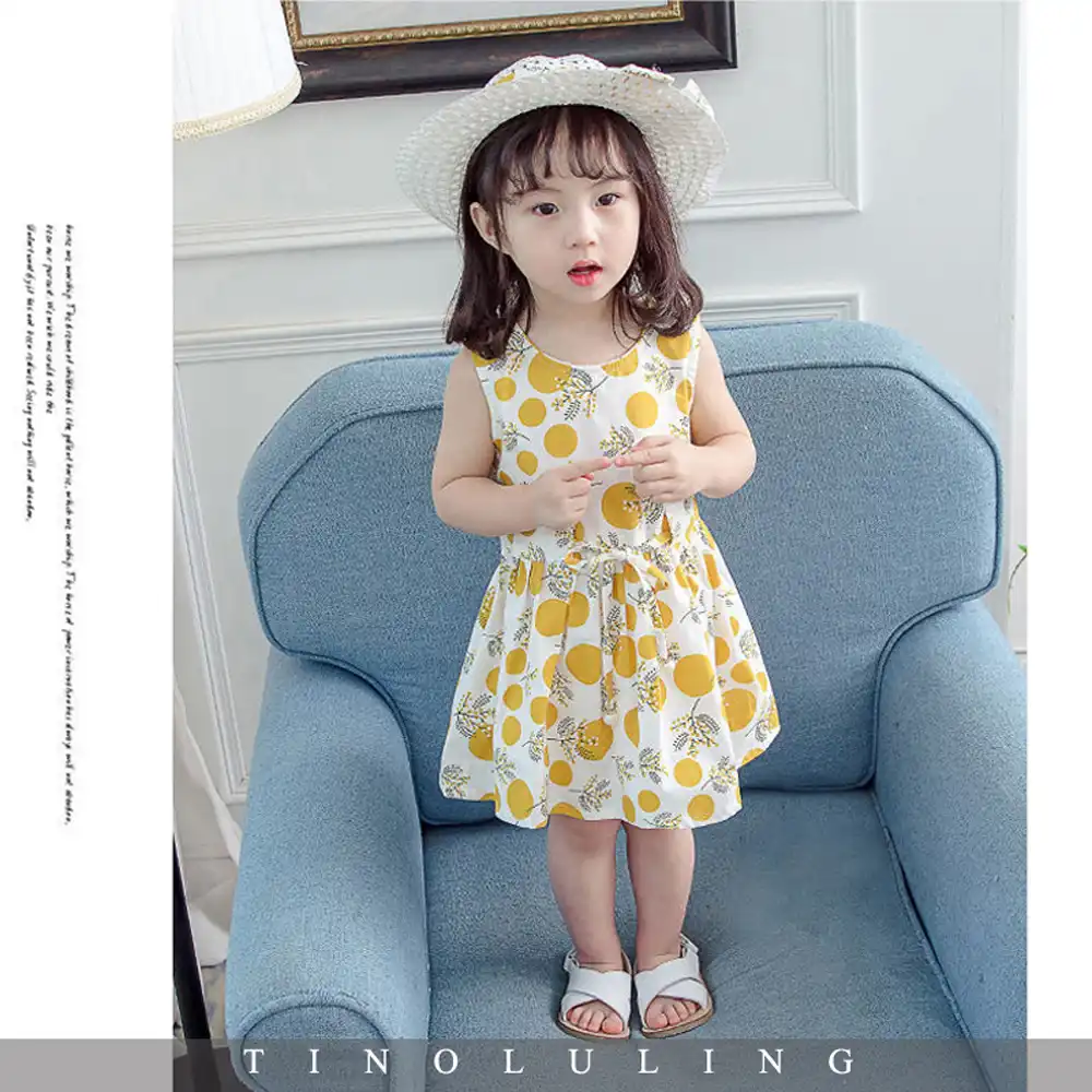 かわいいフラワープリント夏のドレス帽子2個ガールの服セット幼児王女のパーティーのノースリーブドレス ドレス Aliexpress