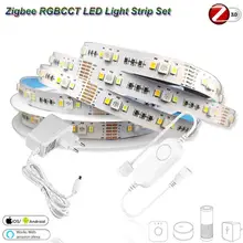 5m dc12v 5050 rgb + cct 90leds/m led luz de tira zigbee rgbcw mini controlador kit de energia para smartthings zigbee 3.0 hue-b eco mais