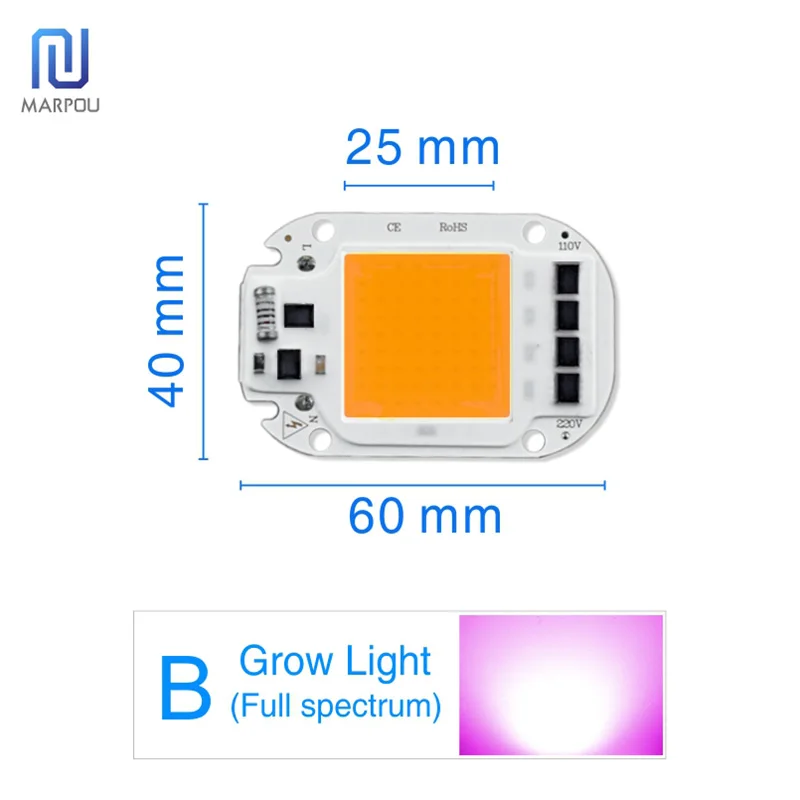 B-Grow Light Светодиодный светильник с регулируемой яркостью, COB, чип-объектив, абажур, отражатель, светильник для выращивания, полный спектр, Smart IC 50 Вт, 30 Вт, 20 Вт, AC 220 В, светодиодный светильник с бусинами, сделай сам - Испускаемый цвет: B-Grow Light