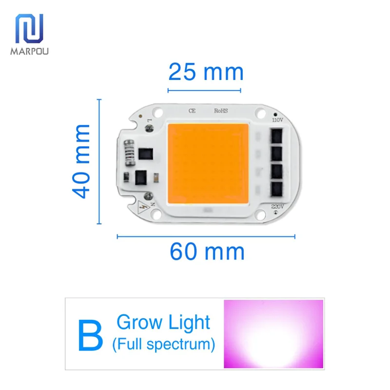 Светодиодный светильник с регулируемой яркостью, COB, чип-объектив, абажур, отражатель, светильник для выращивания, полный спектр, Smart IC 50 Вт, 30 Вт, 20 Вт, AC 220 В, светодиодный светильник с бусинами, сделай сам - Испускаемый цвет: B-Grow Light