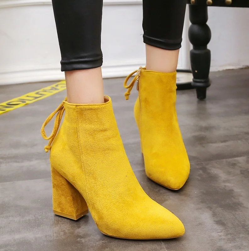 

heel 6.5 cm Women Mid Calf Boots Yellow Color Pointed Toe Zippers Autumn Spring Women Martin Boots Casual Lace-up Boots Ladies