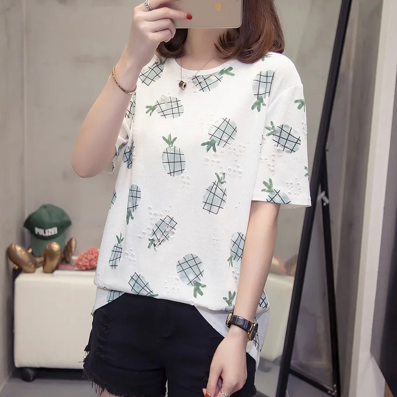 

2019 Summer New Style Large Size Dress Fat Mm Fashion Korean-style Fruit Pattern Crew Neck Loose-Fit Slimming T-shirt Tops