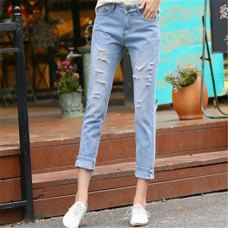 Women Summer Spring Plus Size Leisure Hole Relaxed Capris Jeans Casual Straight Loose Jeans Women Summer Spring Plus Size Leisure Hole Relaxed Capris Jeans Casual Straight Loose Jeans