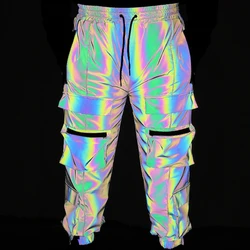 Hip Hop Cool Colorful Reflective Overalls Multi-Pocket Cargo Pants Men Harajuku Reflect Light Trousers INS Loose Sweatpants