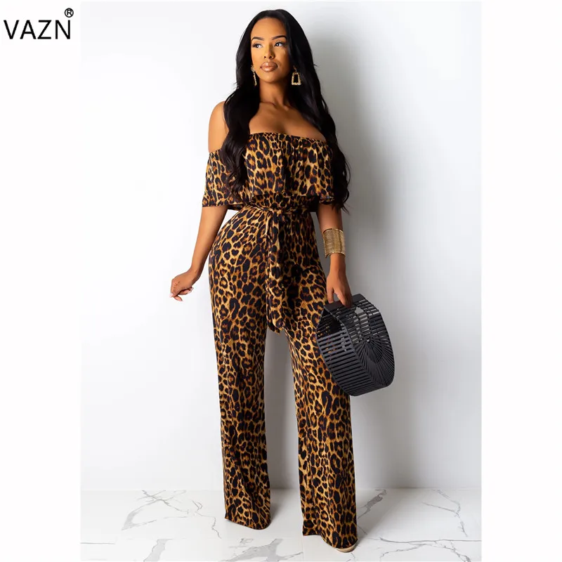 VAZN CY1184 new arrival summer sexy lady leopard jumpsuit short sleeve slash neck long pant jumpsuit lady daily jumpsuits