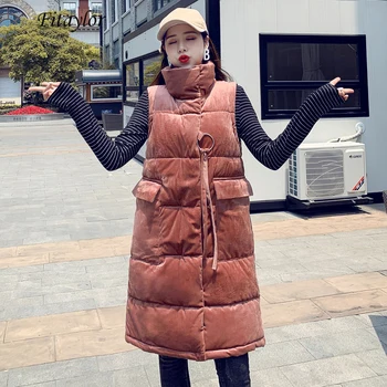 

Fitaylor Winter Women Sleeveless Vest Cotton Parkas Medium Long Velvet Waistcoat Casual Zipper Female Cotton Padded Outerwear