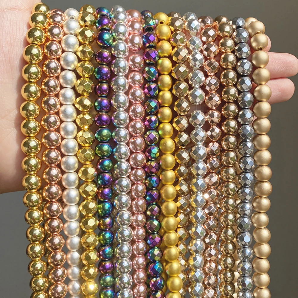 Natural Stone Hematite Round Beads in Gold & Silver Tones for Jewelry Making - 15'' Strand