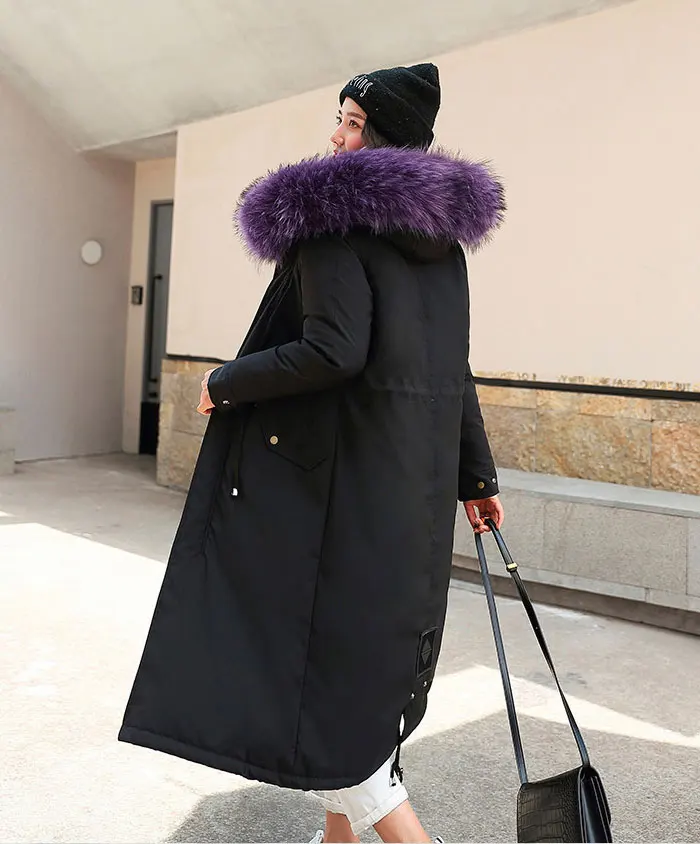 30 градусов, одежда для снежной погоды Длинные парки зимняя куртка Для женщин с меховым капюшоном Костюмы женский Меховая подкладка Толстое Зимнее пальто Для женщин