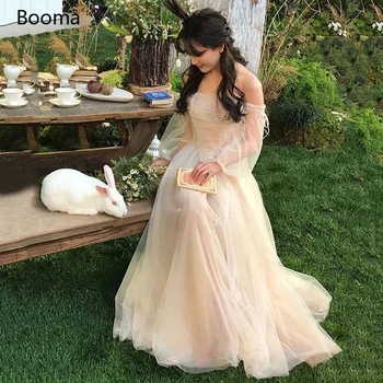 

Fairy Beach Wedding Dresses Champagne Off the Shoulder Long Sleeves Bride Dresses Strapless Pleated Top Tulle A-Line Bridal Gown