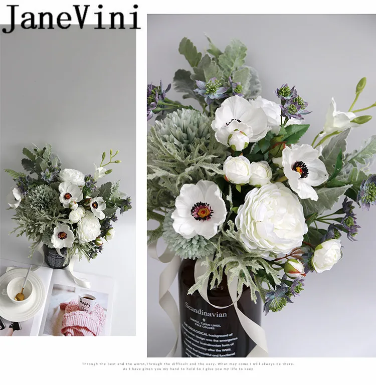 JaneVini Ramo De Novia синий свадебный букет Искусственные высушенные цветы винтажный белый Шелковый цветок свадебные букеты Роза Mariage