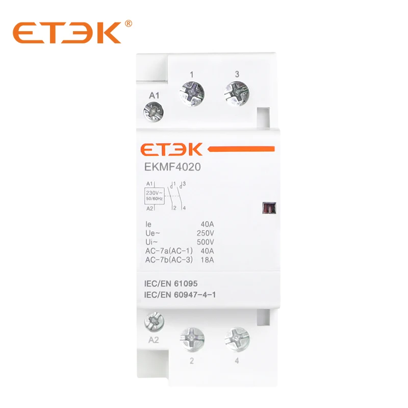 Contator modular da CA do agregado familiar ETEK-, fase monofásica, 2P, 40A, 2NO, tipo do trilho do ruído da bobina, EKMF-4020-230, 220V