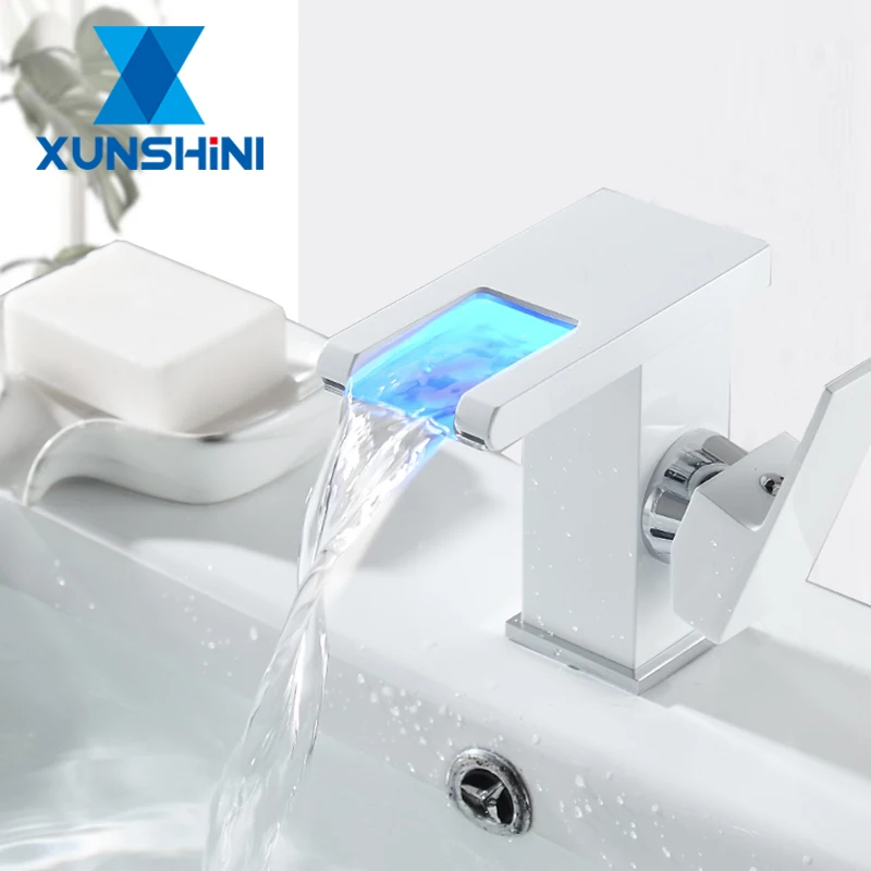 Смеситель для раковины XUNSHINI светодиодный Водопад изменение цвета RGB смеситель