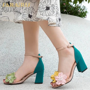 

Sarairis new arrivals Genuine Leather Chunky Heels Summer Sandals Woman Shoes Sweet Flowers Buckle Strap Shoes Women Sandals