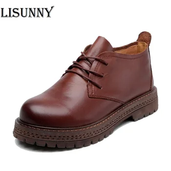 

2020 100% Genuine Leather Women's Shoes Lace Up Retro Women's Shoes Autumn New Trend Fashion Casual Single Shoes Women
