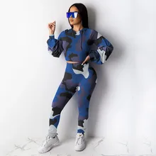 Новинка, модный спортивный костюм для женщин и девушек, 2 шт., повседневный Камуфляжный укороченный Топ с длинным рукавом и капюшоном, длинные штаны, костюм, одежда для спортзала, костюм