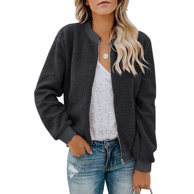 gray Women Winter Faux Fur Coat Thick Warm Jacket Coat Fluffy Fleece Sweatshirt Zipper Outerwear Oversized Imitation Fur Coat Female - Цвет: gray