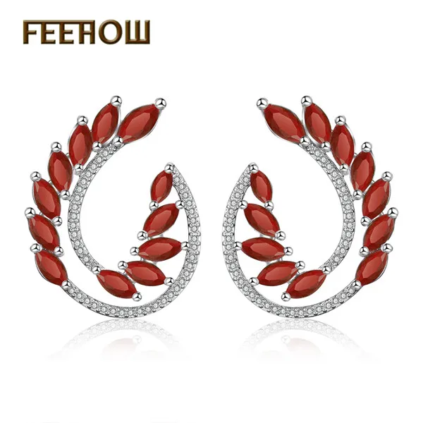 Red FEEHOW, модные серьги-гвоздики с белым кубическим цирконием и камнем в виде листьев для женщин, свадебные ювелирные изделия, заводская цена, FWEP455 - Окраска металла: Red