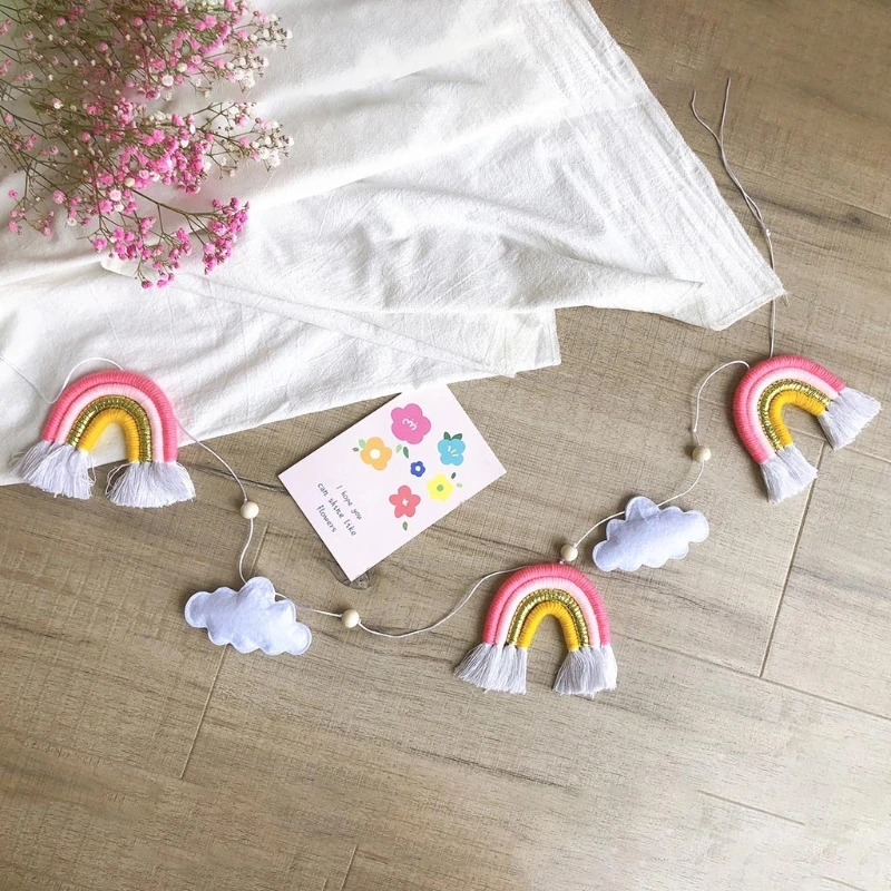 Nordic Wooden Beads Garland Felt Cloud Knitting Wool Rainbow Tassel Pendant Hanging Ornament Photo Shooting Props rainbow wall hanging decor