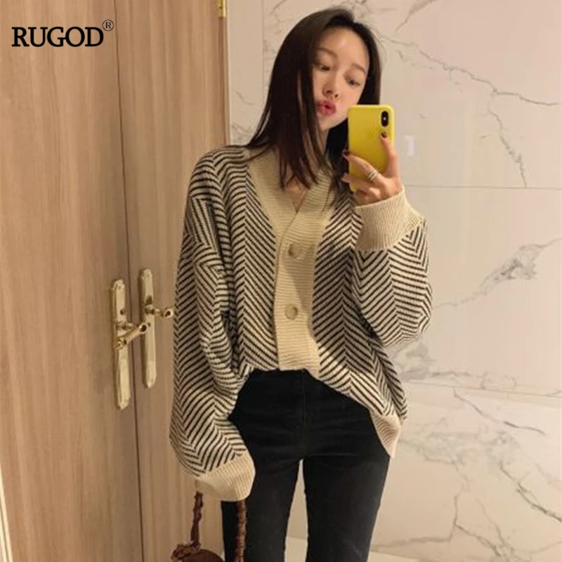 

RUGOD 2019 New Women Striped Sweater V-neck Single-breasted Loose Cardigan Lazy Style Vintage Temperament Fashion Casual Coat