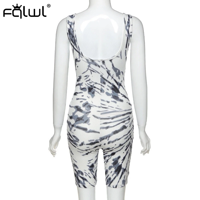 FQLWL Tie Dye Print White Summer Rompers Womens Jumpsuit Female Backless One Piece Sexy Bodycon Short Jumpsuit Women Playsuit