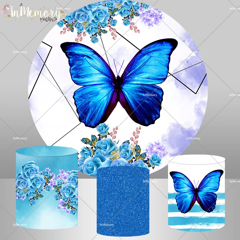 Blue Butterfly Birthday Round Circle Backdrop Flower Girl Fairy Princess Photo Background Cake Table Banner Decor Plinth cover |