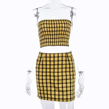 

New Fashion 2020 Suit Female Summer Fashion Plaid Short Tube Top Skirt Two 2 Piece Set Women Club Outfits