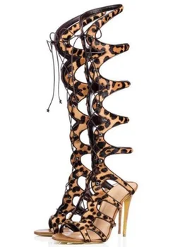 

Summer Woman Sexy Leopard Print Cut-outs Stiletto Heels Gladiator Sandals Boots Plus Size Lady Lace up Runway Ankle Strap Shoes