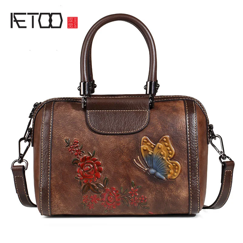 

AETOO Leather vintage women's handbag, casual head-layer cowhide pillow bag, head-layer cowhide one-shoulder slanted women's bag